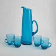Vintage - Karaff och muggar i blått glas