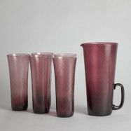 Vintage - SÅLD Violett Räfflad Kanna med 5 st glas"Snoddas"Gullaskruf